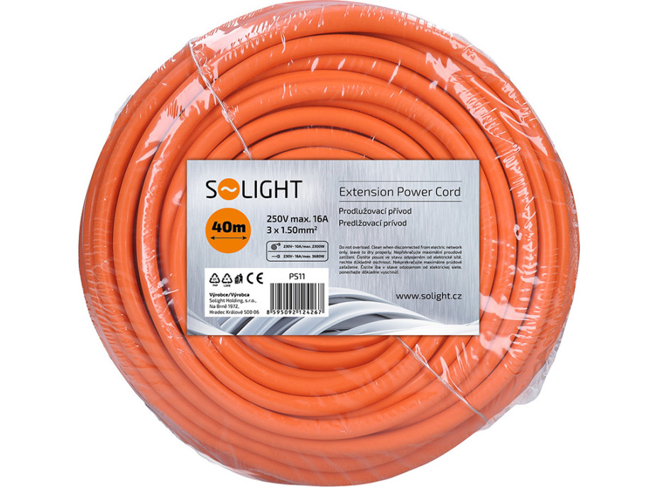 Solight predlžovací prívod - spojka, 1 zásuvka, 40 m, 3 x 1,5 mm2, oranžová