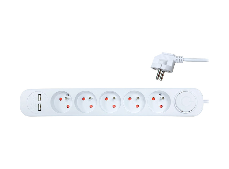 Solight predlžovací prívod 5 zásuviek, USB A+A nabíjačka 12W, 3m, 3 x 1mm2, biely, vypínač