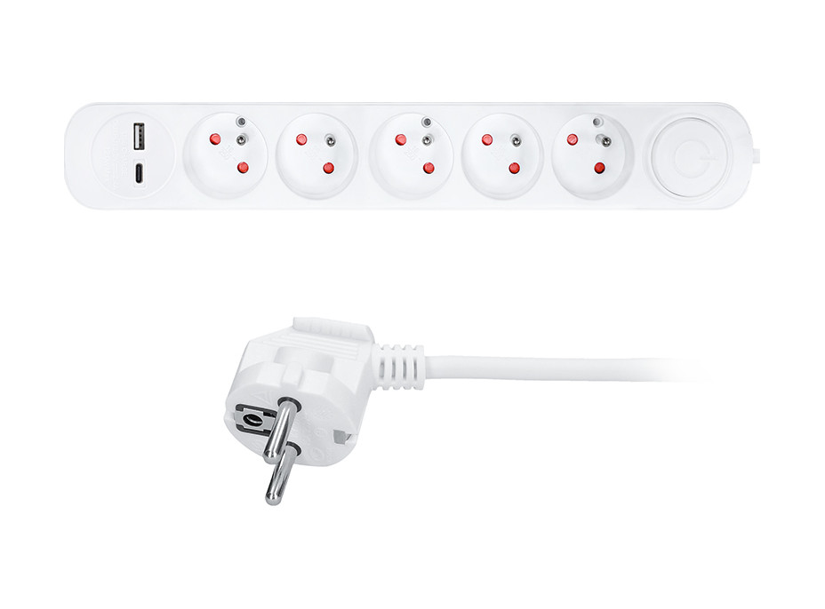 Solight predlžovací prívod 5 zásuviek, USB A+C nabíjačka 12W, 3m, 3 x 1mm2, biely, vypínač