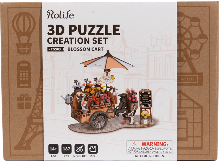 ROBOTIME Rolife DIY 3D drevené puzzle Kvetinový vozík 187 dielikov