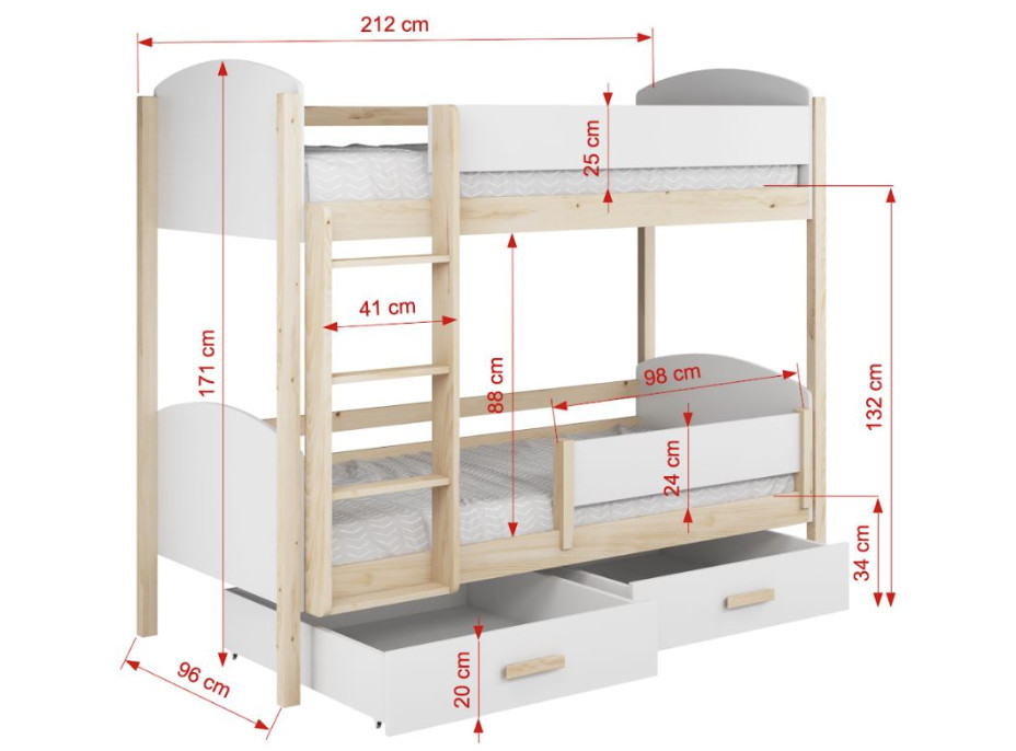 Detská poschodová posteľ z masívu borovice JORDAN so šuplíkmi - 200x90 cm - prírodná borovica/biela