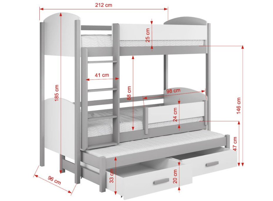 Detská poschodová posteľ z masívu borovice LOGAN s prístelkou a šuplíky - 200x90 cm - šedá/biela