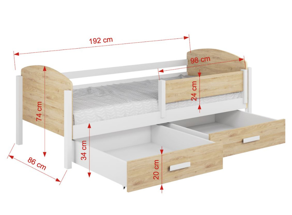 Detská posteľ z masívu borovice KELLY so šuplíkmi - 180x80 cm - biela/dub shetland