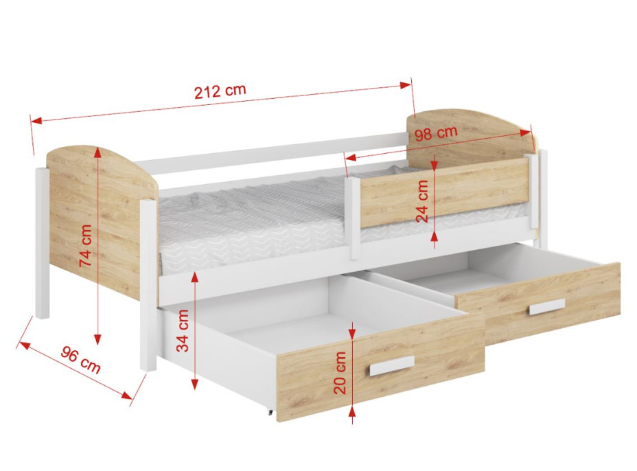 Detská posteľ z masívu borovice KELLY so šuplíkmi - 200x90 cm - biela/dub shetland