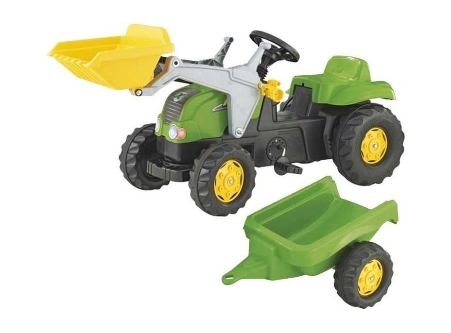 ROLLY TOYS Šliapací zelený traktor s čelným nakladačom a prívesom