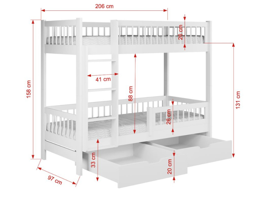 Detská poschodová posteľ so šuplíkmi z masívu borovice COEN - 200x90 cm - prírodná borovica