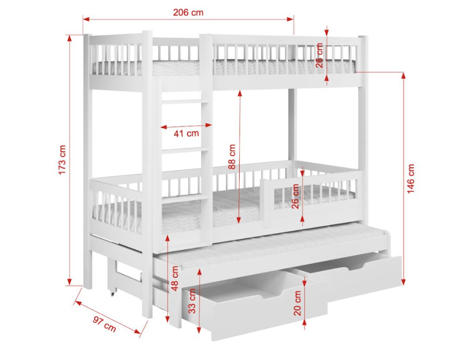 Detská poschodová posteľ z masívu borovice EVAN s prístelkou a šuplíky - 200x90 cm - biela