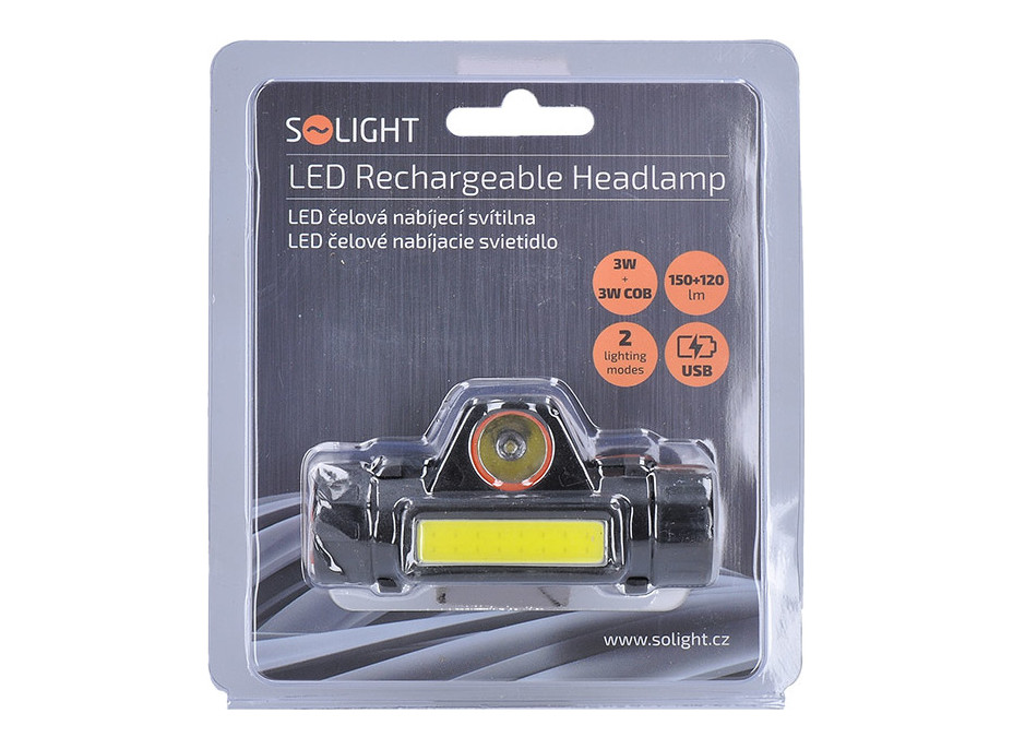 Solight LED čelové nabíjacie svietidlo, 3W + COB, 150 + 60lm, Li-Ion