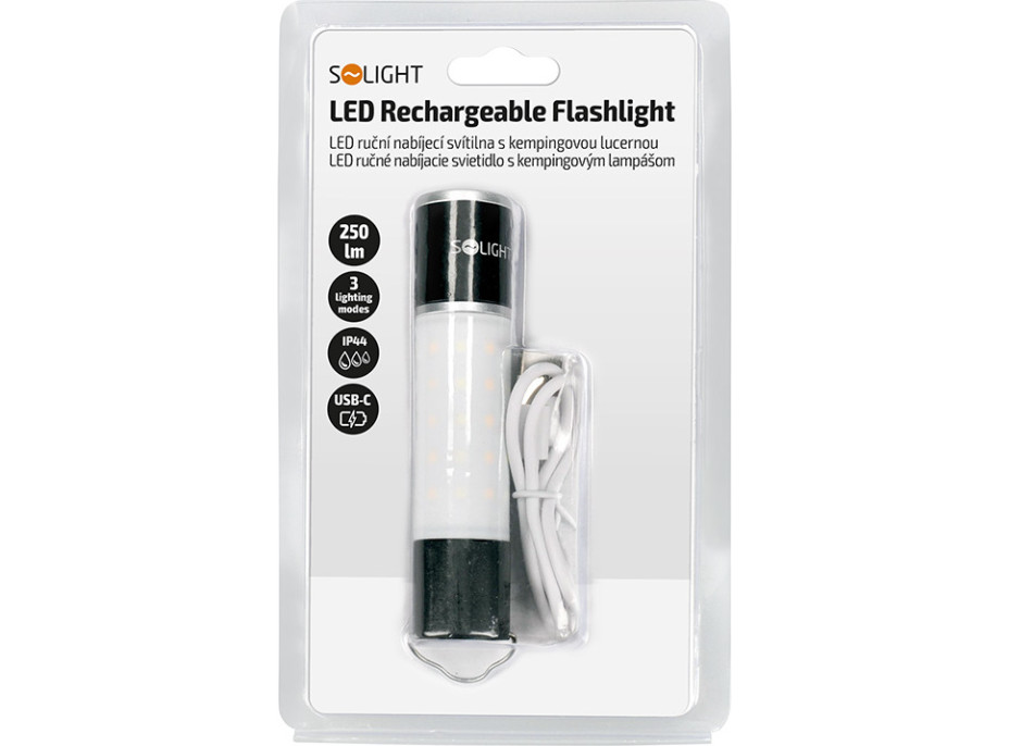 Solight LED nabíjacie ručné svietidlo s kampingovou lucernou, 250lm, power bank, Li-Ion