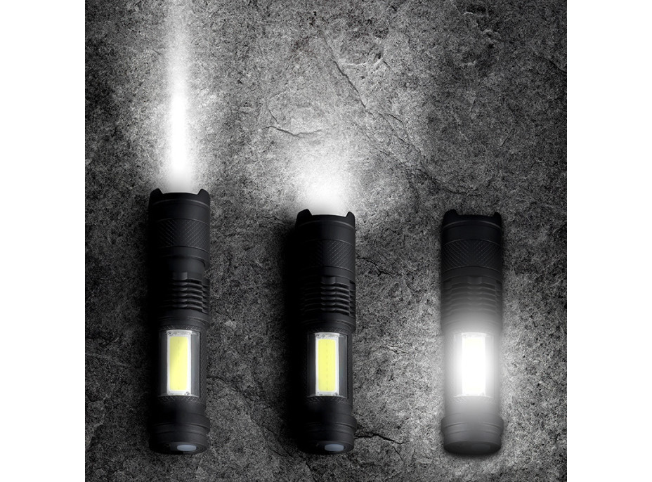 Solight LED nabíjacie vreckové svietidlo so zoomom, 100lm + 70lm, Li-Ion, USB, čierna