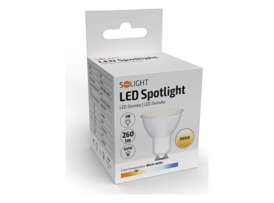 Solight LED žiarovka, bodová, 3W, GU10, 3000K, 260lm, biela