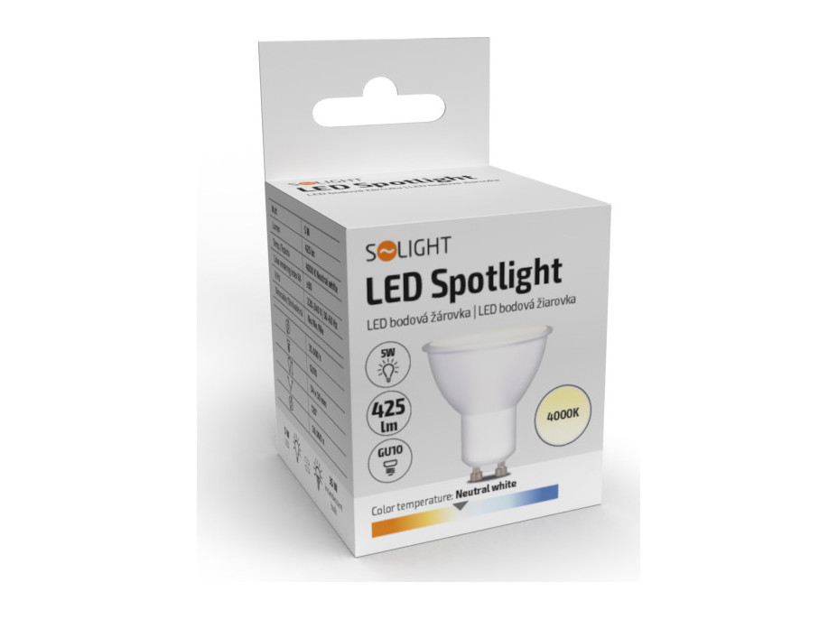 Solight LED žiarovka, bodová, 5W, GU10, 4000K, 425lm, biela