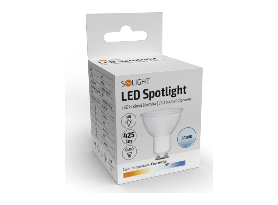 Solight LED žiarovka, bodová, 5W, GU10, 6000K, 425lm, biela