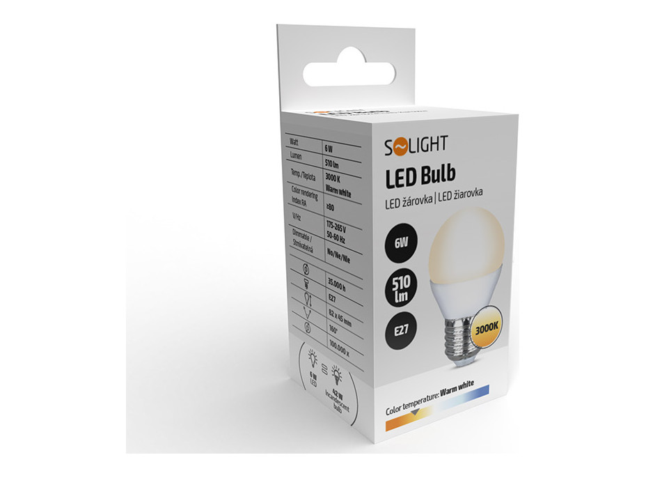 Solight LED žiarovka, miniglobe, 6W, E27, 3000K, 510lm