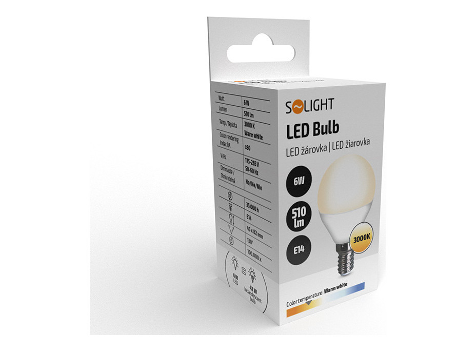 Solight LED žiarovka, miniglobe, 6W, E14, 3000K, 510lm, biele prevedenie