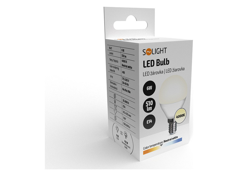 Solight LED žiarovka, miniglobe, 6W, E14, 4000K, 510lm, biele prevedenie