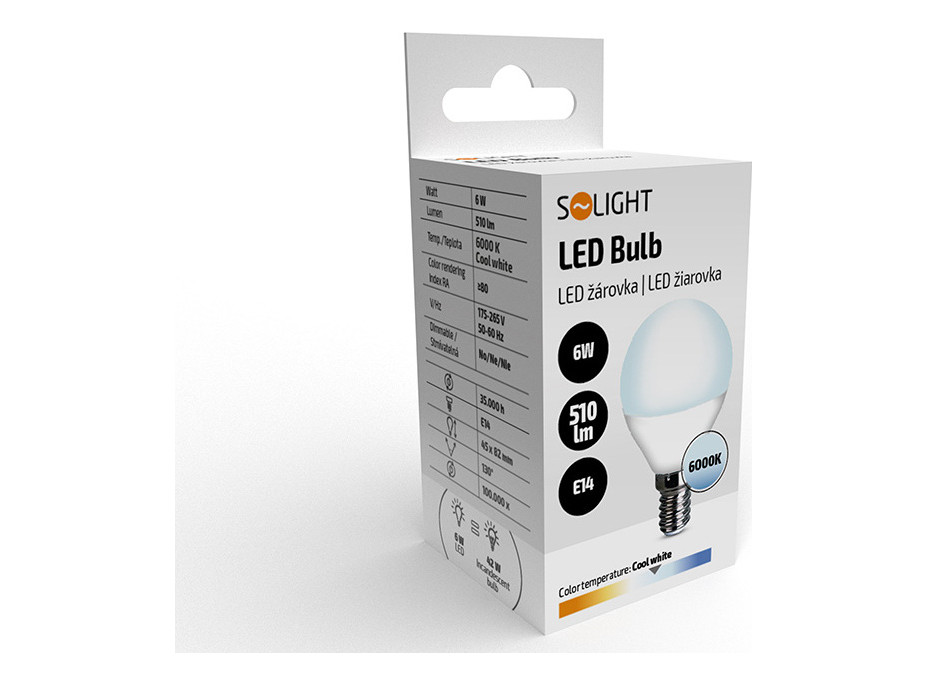 Solight LED žiarovka, miniglobe, 6W, E14, 6000K, 510lm