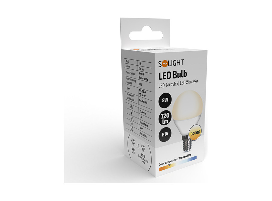 Solight LED žiarovka, miniglobe, 8W, E14, 3000K, 720lm, biele prevedenie