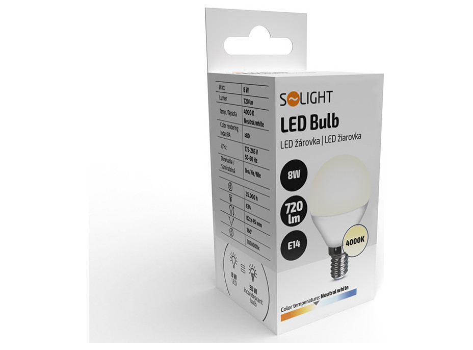 Solight LED žiarovka, miniglobe, 8W, E14, 4000K, 720lm, biele prevedenie