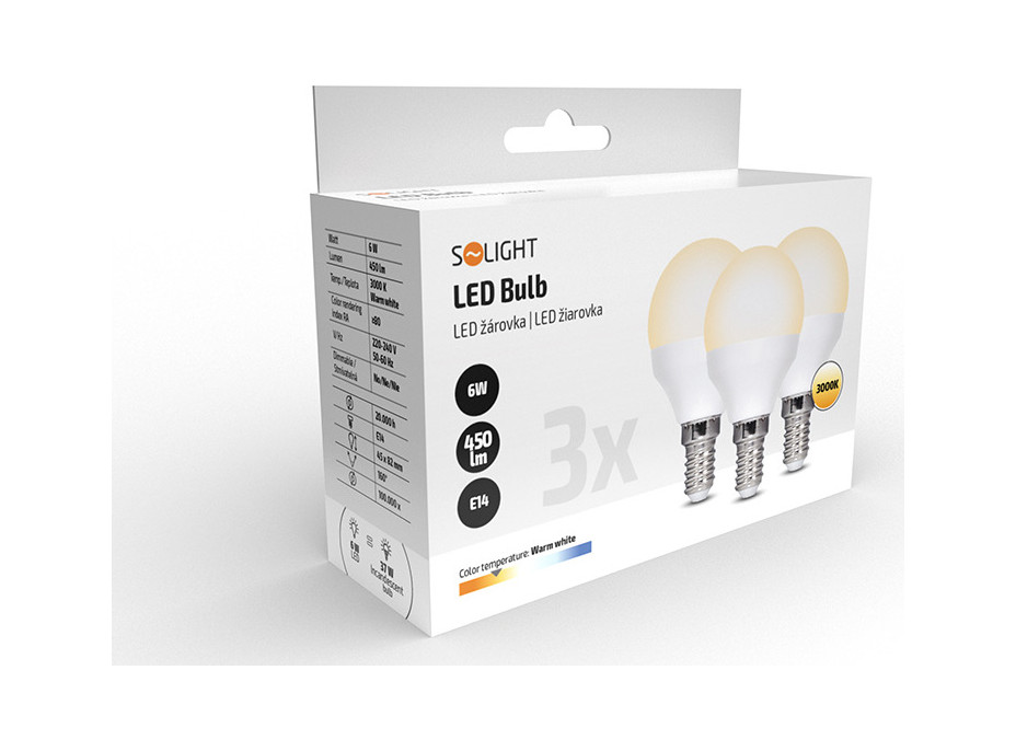 ECOLUX LED žiarovka Ecolux 3-pack, miniglobe, 6W, E14, 3000K, 450lm, 3ks