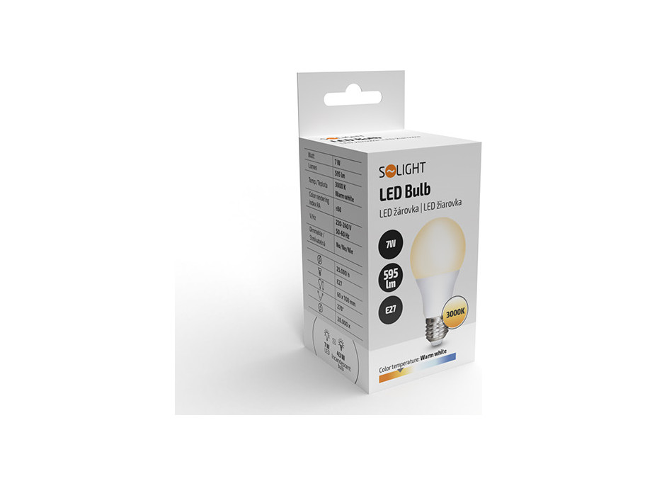 Solight LED žiarovka, klasický tvar, 7W, E27, 3000K, 270 °, 595lm