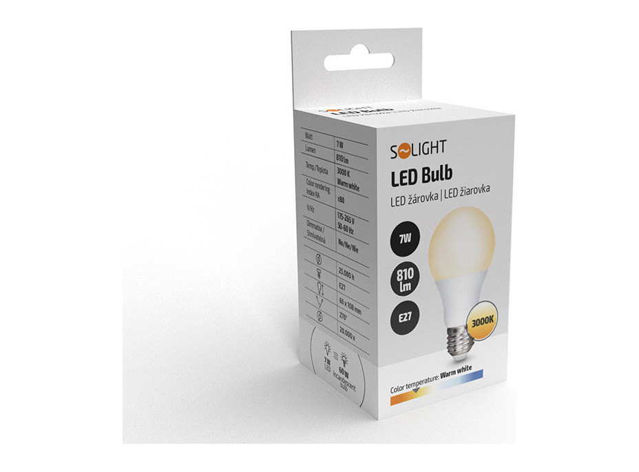 Solight LED žiarovka, klasický tvar, 7W, E27, 3000K, 270 °, 810lm