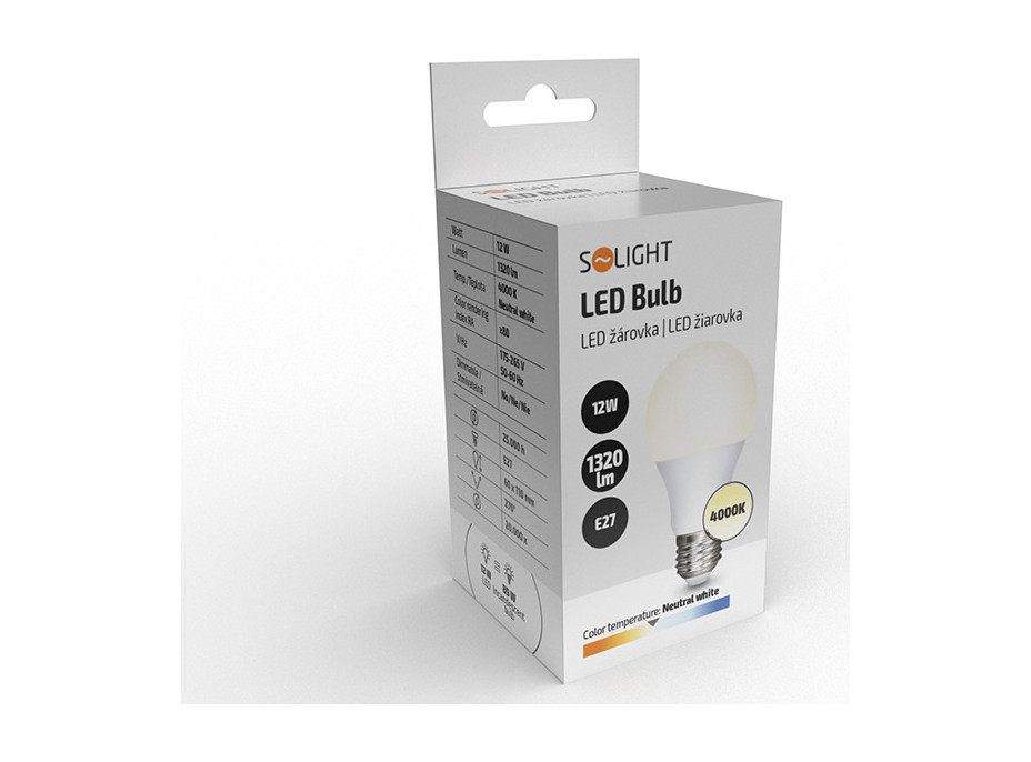 Solight LED žiarovka, klasický tvar, 12W, E27, 4000K, 270 °, 1320lm