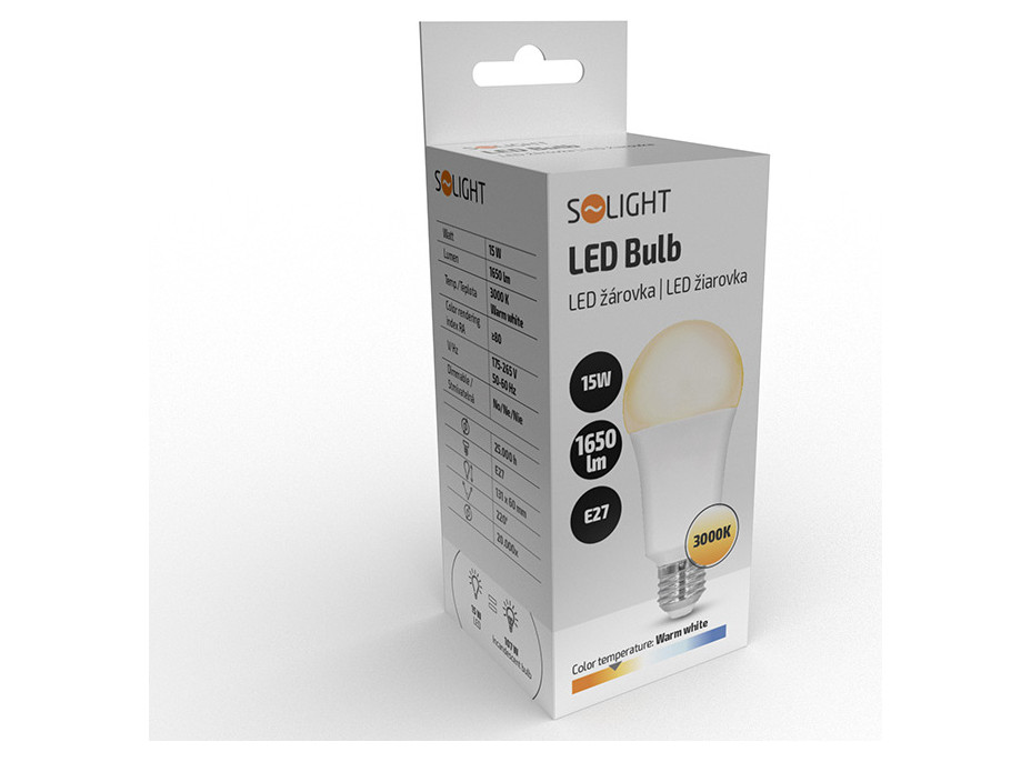 Solight LED žiarovka, klasický tvar, 15W, E27, 3000K, 220 °, 1650lm