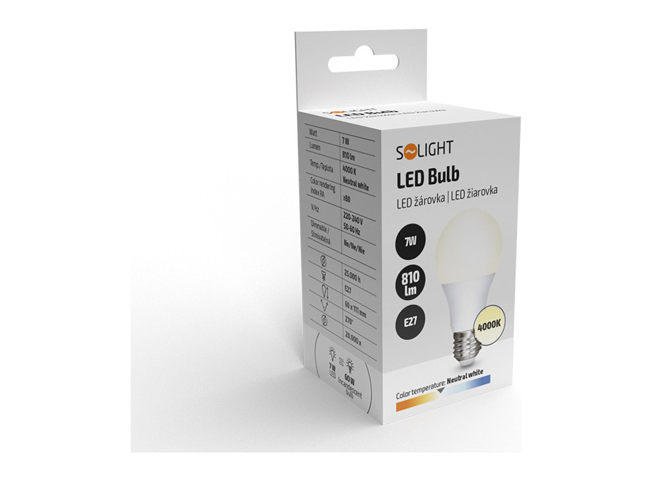 Solight LED žiarovka, klasický tvar, 7W, E27, 4000K, 270 °, 810lm