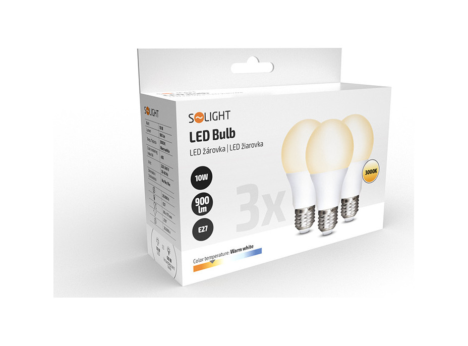 Solight LED žiarovka 3-pack, klasický tvar, 10W, E27, 3000K, 270 °, 900lm, 3ks v balení