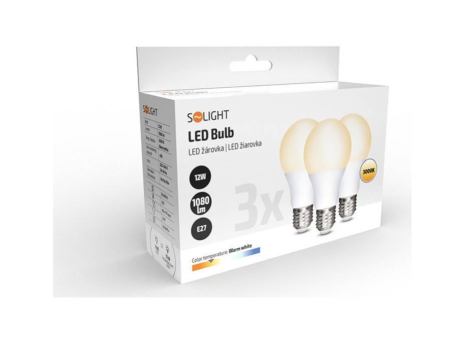 ECOLUX LED žiarovka 3-pack, klasický tvar, 12W, E27, 3000K, 270 °, 1080lm, 3ks v balení