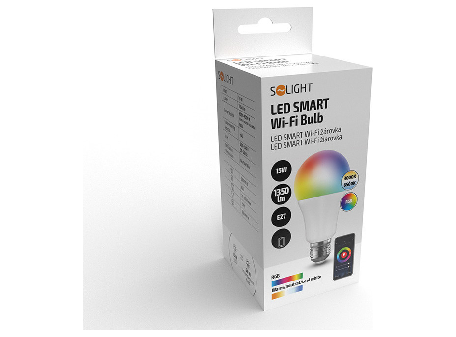 Solight LED SMART WIFI žiarovka, klasický tvar, 15W, E27, RGB, 270 °, 1350lm