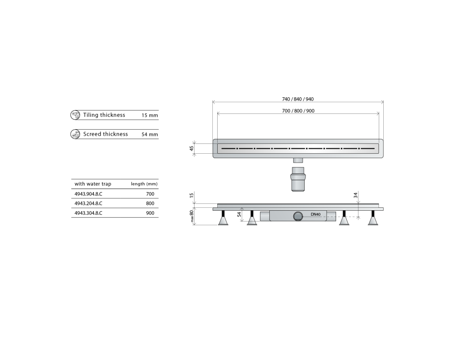 Omp Tea RENOVA ECO LINE podlahový žľab s nerezovým roštom, L-700, DN40 4943.904.8C