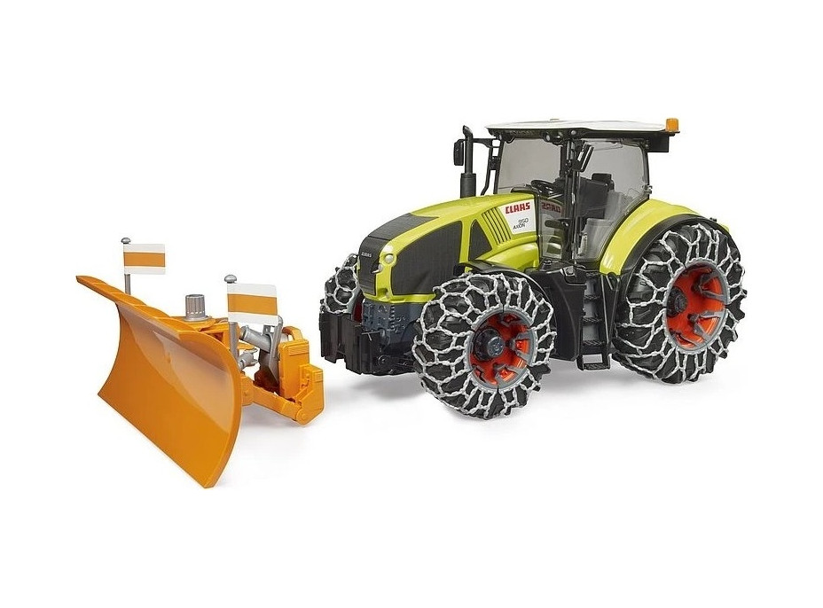 Bruder Claas Axion 950 so snehovými reťazami a radlicou