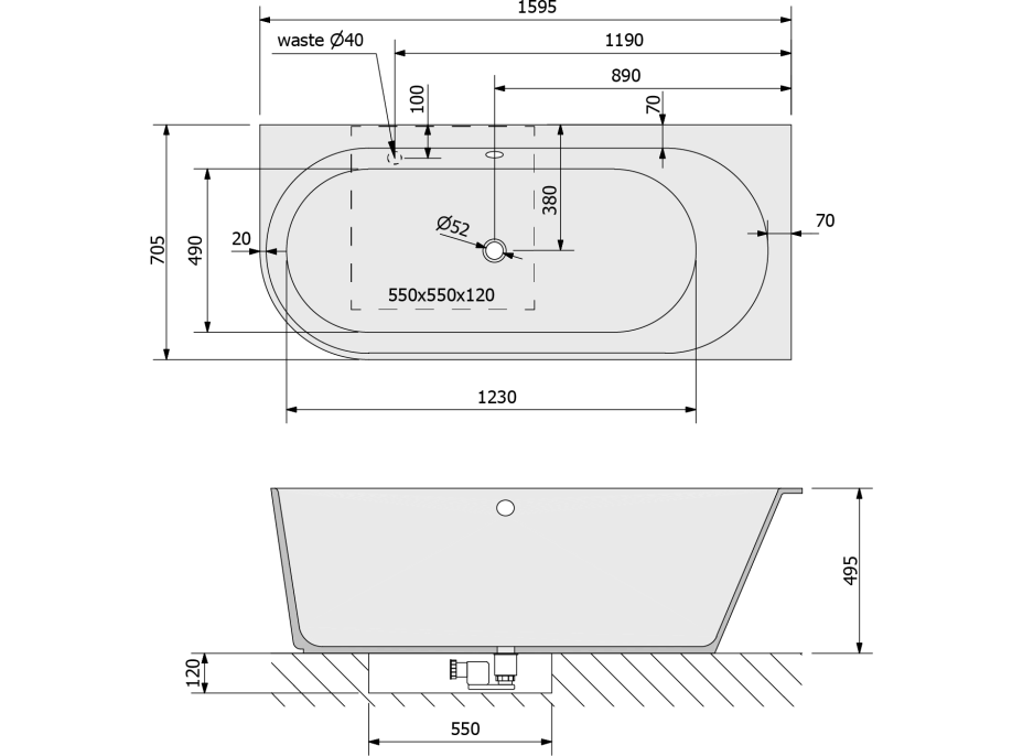 Polysan SUSSI R rohová stojaca vaňa liaty mramor 160x70x49,5 cm, antracit mat 90191R.51