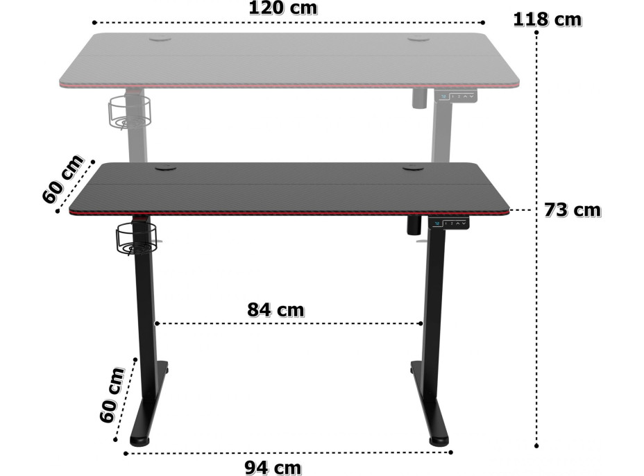 Herný stôl SHADOW GAMER elektrický 2.0 LED RGB 120 cm