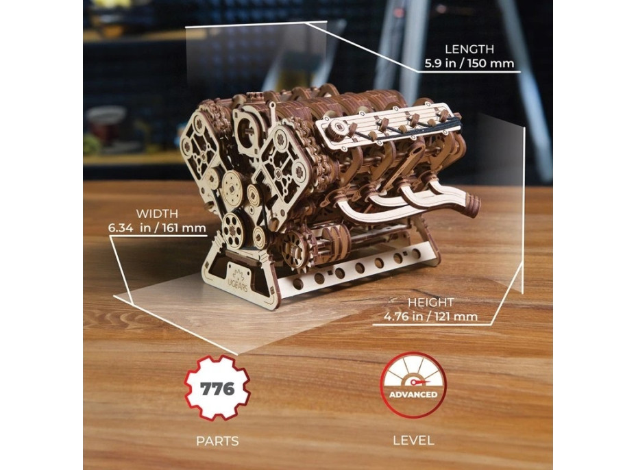 Ugears 3D drevené mechanické puzzle Motor V8