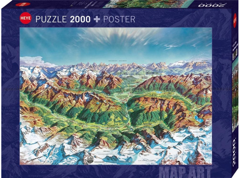 HEYE Puzzle Map Art: Horský svet v Alpách 2000 dielikov