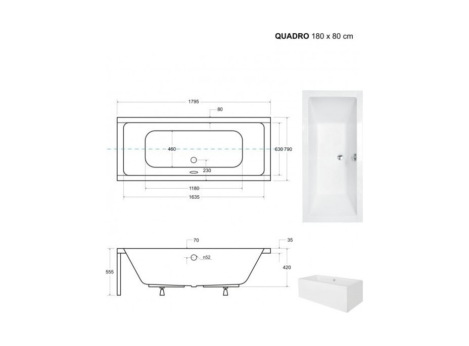 Obdĺžniková vaňa QUADRO 180x80 cm, s nožičkami