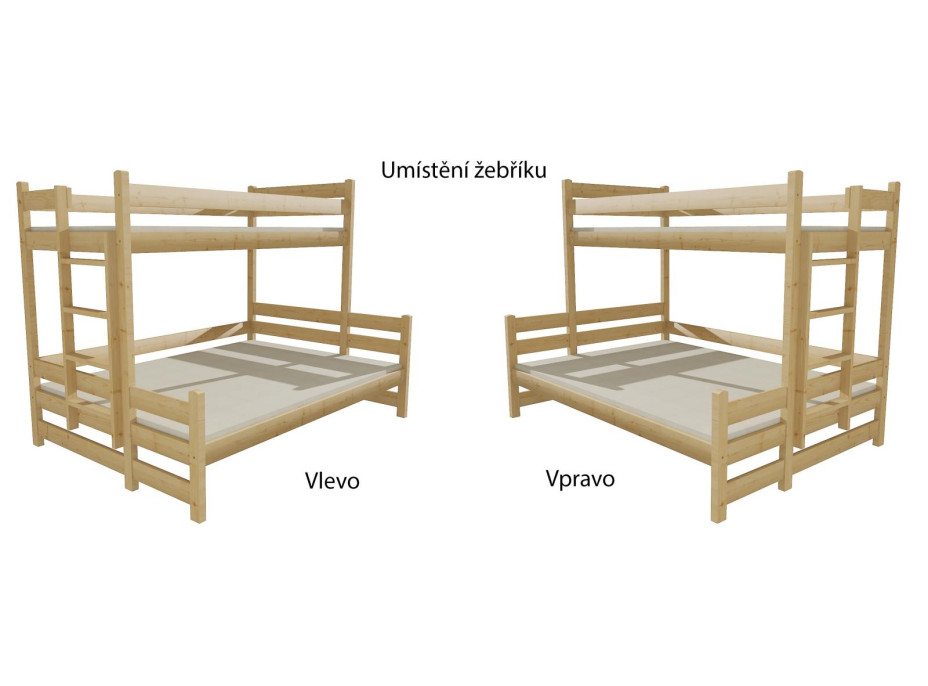 Detská poschodová posteľ z MASÍVU 200x90cm s rozšíreným spodným lôžkom 140 cm, so šuplíkmi - PPS003, bez povrchových úprav, rebrík vľavo