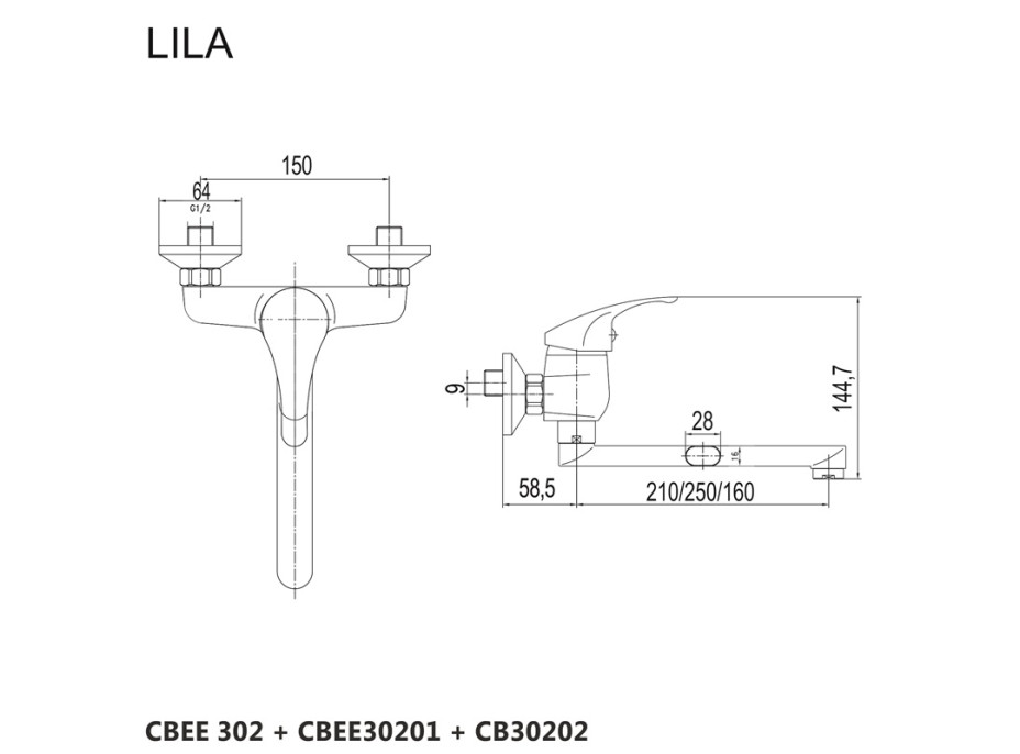 Drezová nástenná batéria, Lila, 150 mm, s ramienkom plochým rovným 210 mm, chróm