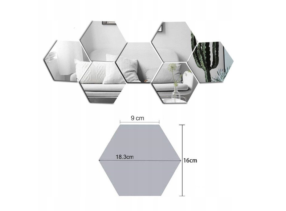 Nalepovacie zrkadlové šesťuholníky 18,3x16 cm - 8 ks