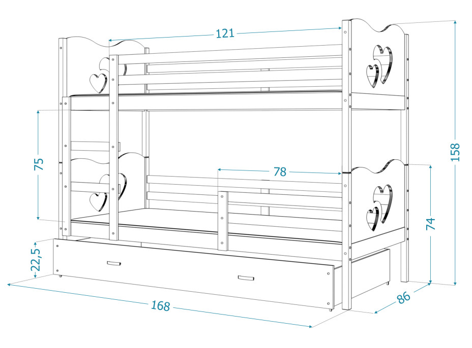 Detská poschodová posteľ so zásuvkou MAX R - 160x80 cm - zeleno-šedá - motýle