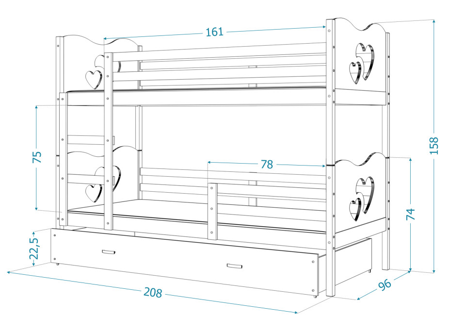 Detská poschodová posteľ so zásuvkou MAX R - 200x90 cm - sivá / borovica - vláčik