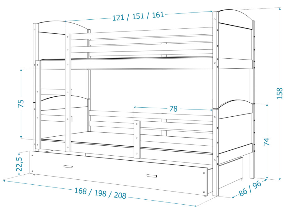 Detská poschodová posteľ so zásuvkou MATTEO - 200x90 cm - biela / borovica