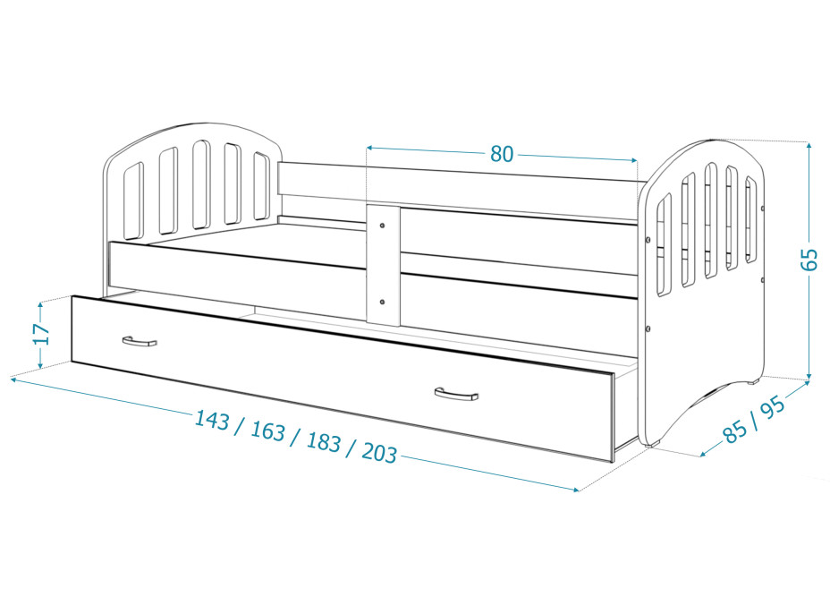 Detská posteľ so zásuvkou HAPPY - 180x80 cm - biela