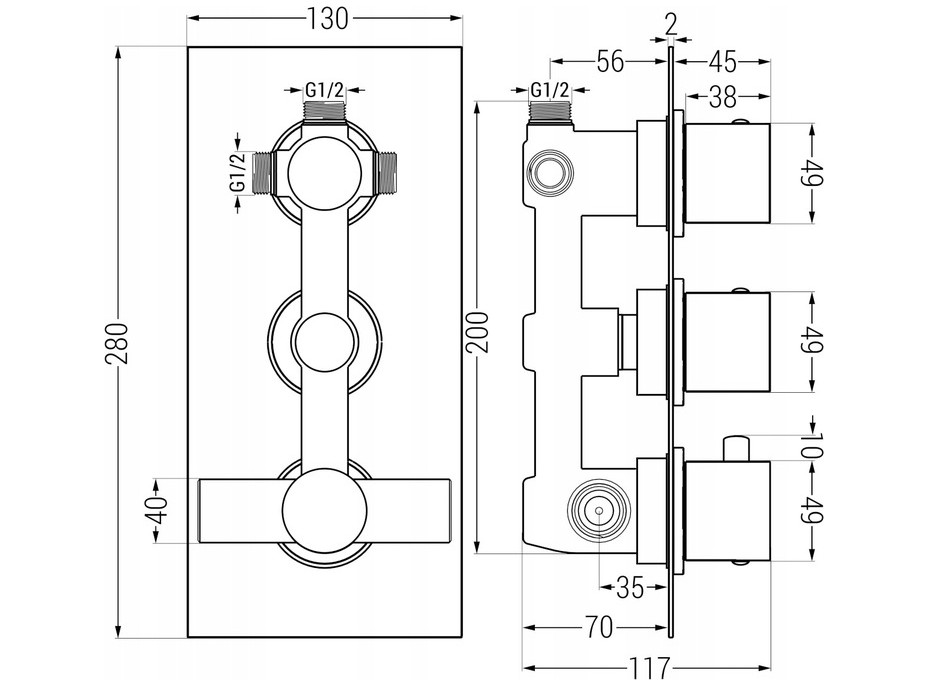 Podomietková termostatická batéria MEXEN CUBE - čierna matná - 3 výstupy, 77503-70