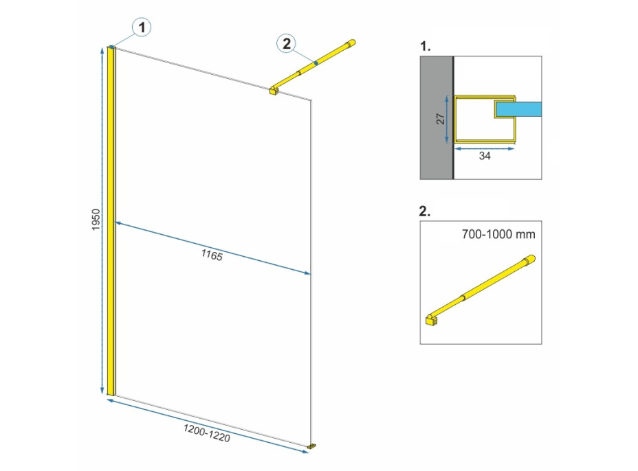 Kúpeľňová pevná zástena MAXMAX Rea AERO 120 cm - zlatá - číre sklo