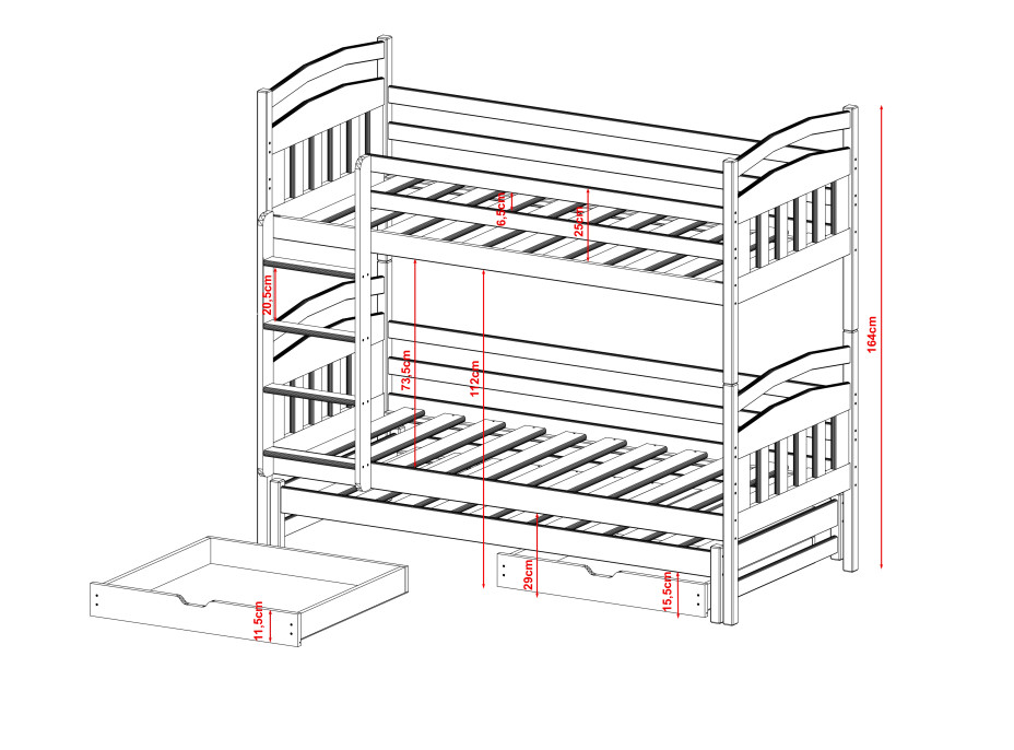 Detská poschodová posteľ z masívu borovice ALDA s prístelkou a šuplíky - 200x90 cm - prírodná