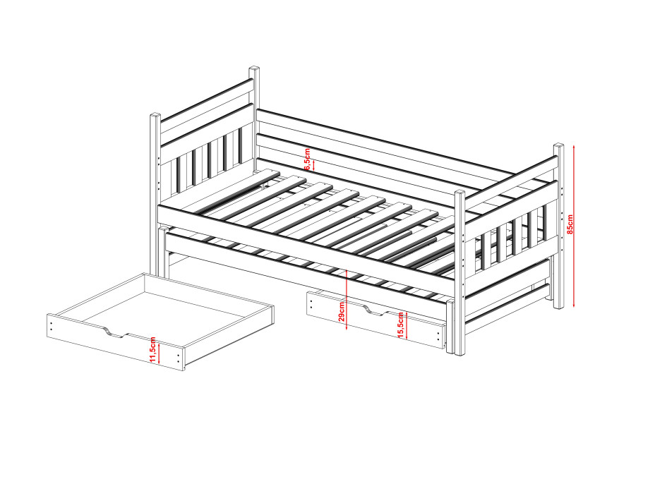 Detská posteľ z masívu borovice DAN s prístelkou a šuplíky - 200x90 cm - biela